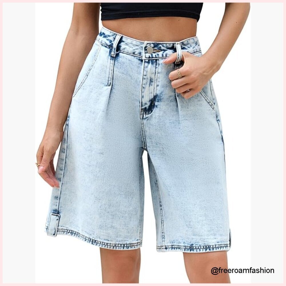 Women's Baggy Denim Bermuda Shorts High Waisted Loose Fit Casual